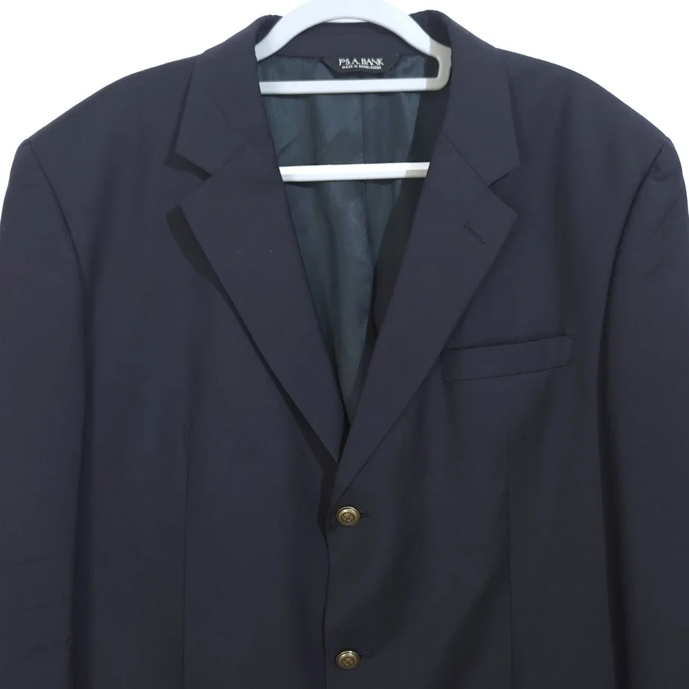 Jos A Bank Mens Blazer 46L Navy Blue 100% Wool 3 Button Brass‎ Crest Sport Coat